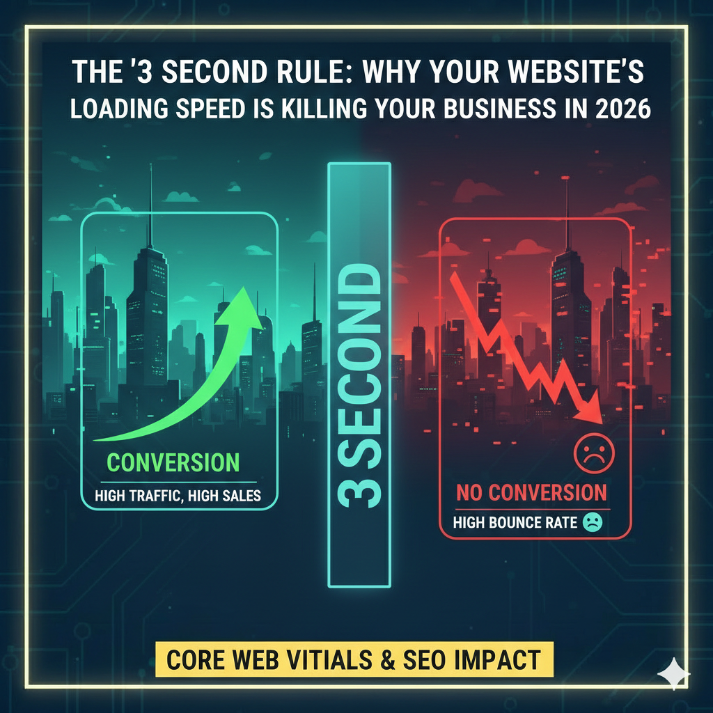 Website loading speed impact on SEO 2026: 3-second rule showing conversion vs bounce rate